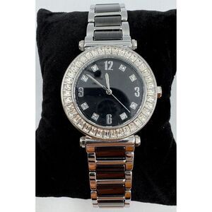 Diamonique Baguette CZ Bezel Black Stainless Steel Statement Watch NEW BATTERY
